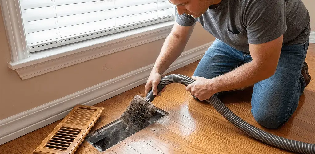 Air duct cleaning technician vacuuming a floor vent and duct opening in Bloomington, IN