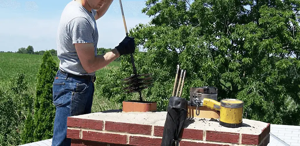 Chimney cleaning technician working on a rooftop chimney with professional tools in Bloomington, IN