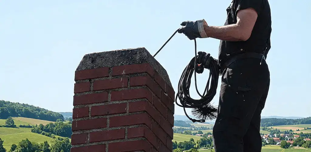 Chimney sweep inspecting and cleaning a rooftop chimney in Bloomington, IN