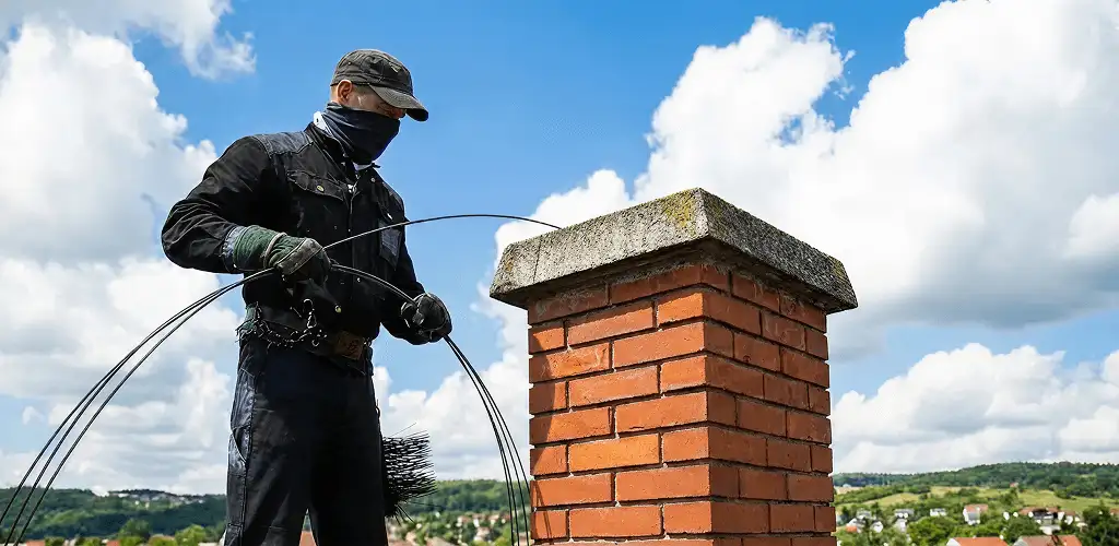 Chimney sweep cleaning a brick chimney with professional tools in Bloomington, IN