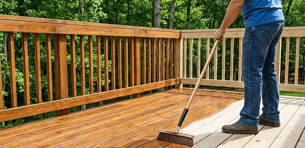 Deck staining and sealing application on a wood deck in Bloomington, IN