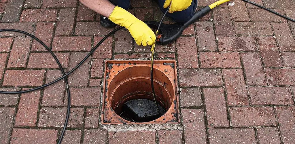 Drain cleaning technician using a drain snake to clear a clogged drain in Bloomington, IN