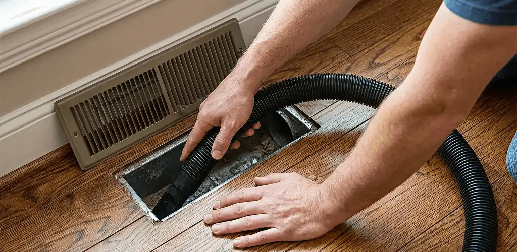 Air duct cleaning technician vacuuming a floor register and duct opening in Bloomington, IN