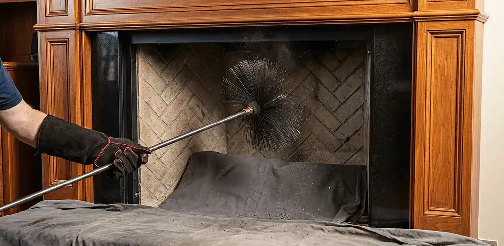 Chimney cleaning service brushing soot from a fireplace and flue in Bloomington, IN