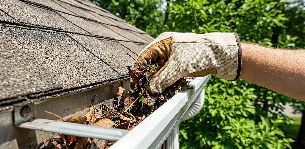 Gutter cleaning removing leaves and debris from roof gutters in Bloomington, IN