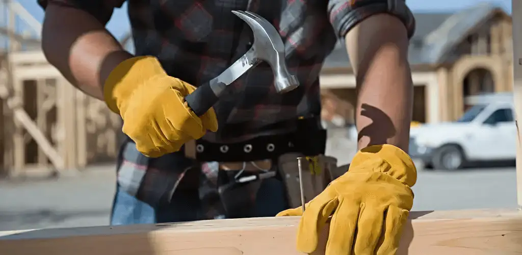 Handyman fixing wood trim with a hammer for home repairs in Bloomington, IN