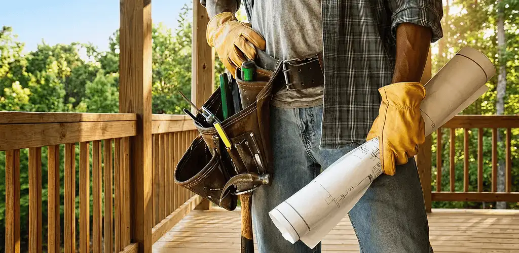 Professional handyman with tool belt ready for home repairs in Bloomington, IN