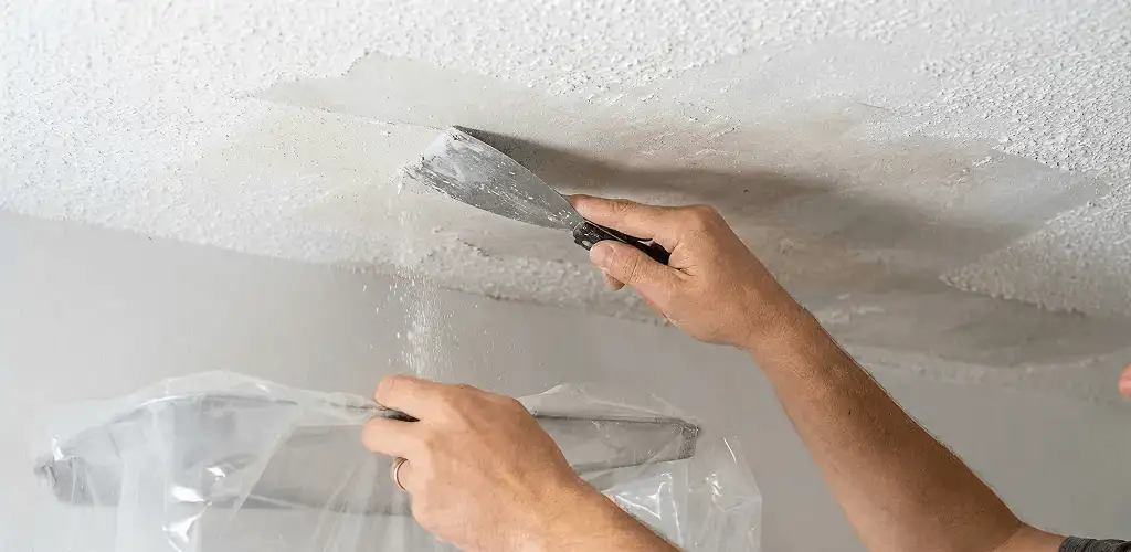 Popcorn ceiling removal technician scraping texture from a ceiling in Bloomington, IN