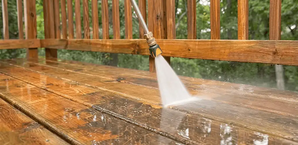 Pressure washing a wood deck to remove dirt and buildup in Bloomington, IN