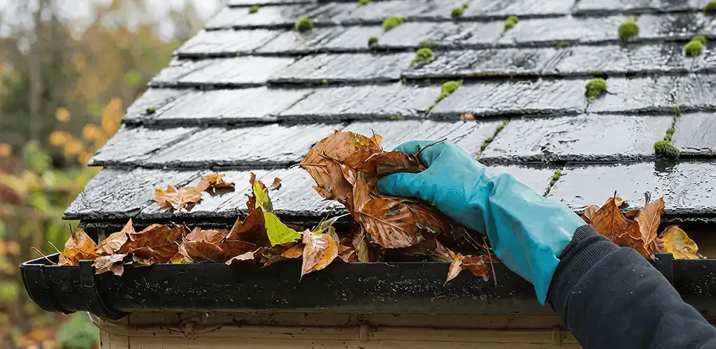 Gutter cleaning technician clearing wet leaves from roof gutters in Bloomington, IN