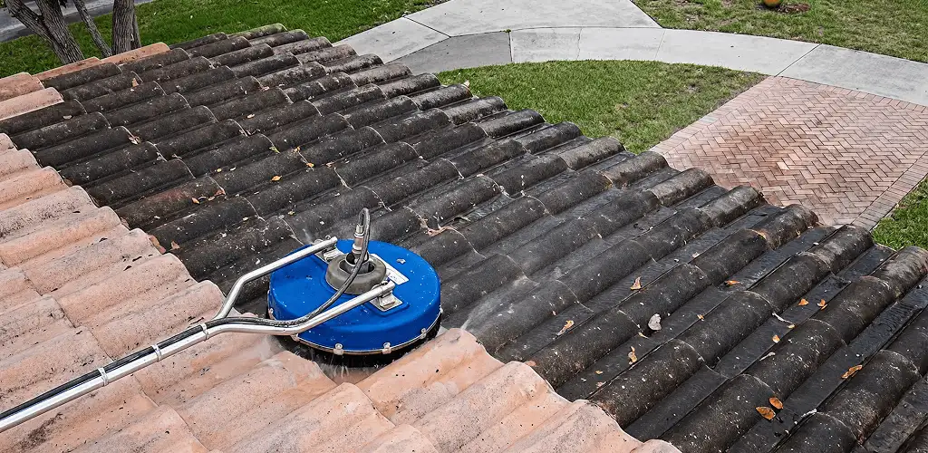 Roof pressure cleaning removing debris and buildup from roof tiles in Bloomington, IN