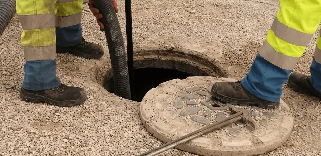 Drain cleaning crew clearing a sewer access point with professional equipment in Bloomington, IN