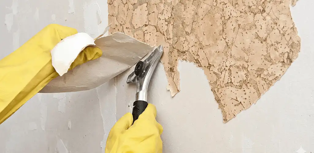 Wallpaper removal service stripping old wallpaper from a wall in Bloomington, IN