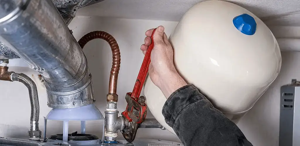 Water heater repair technician tightening plumbing connections near a tank unit in Bloomington, IN